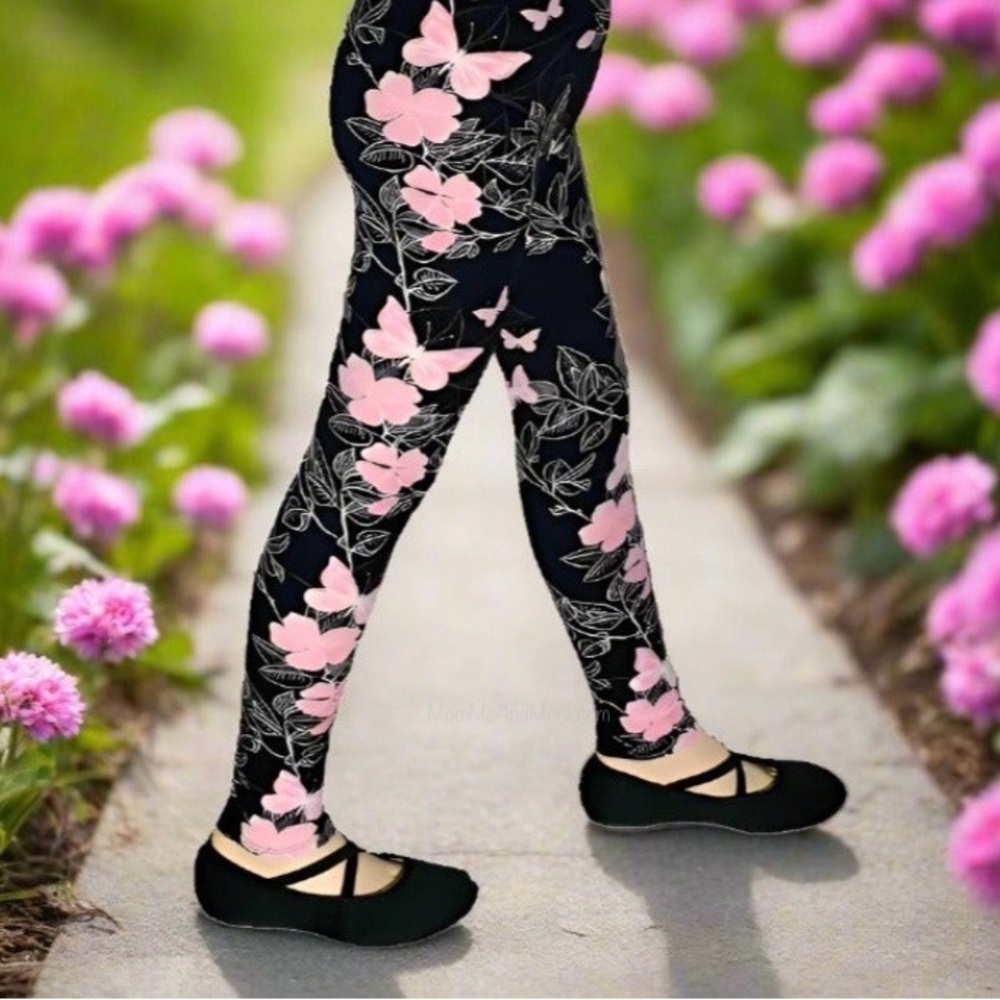 NEW Girls Pink Butterfly Leggings Kids Yoga Pants, Sizes S/L